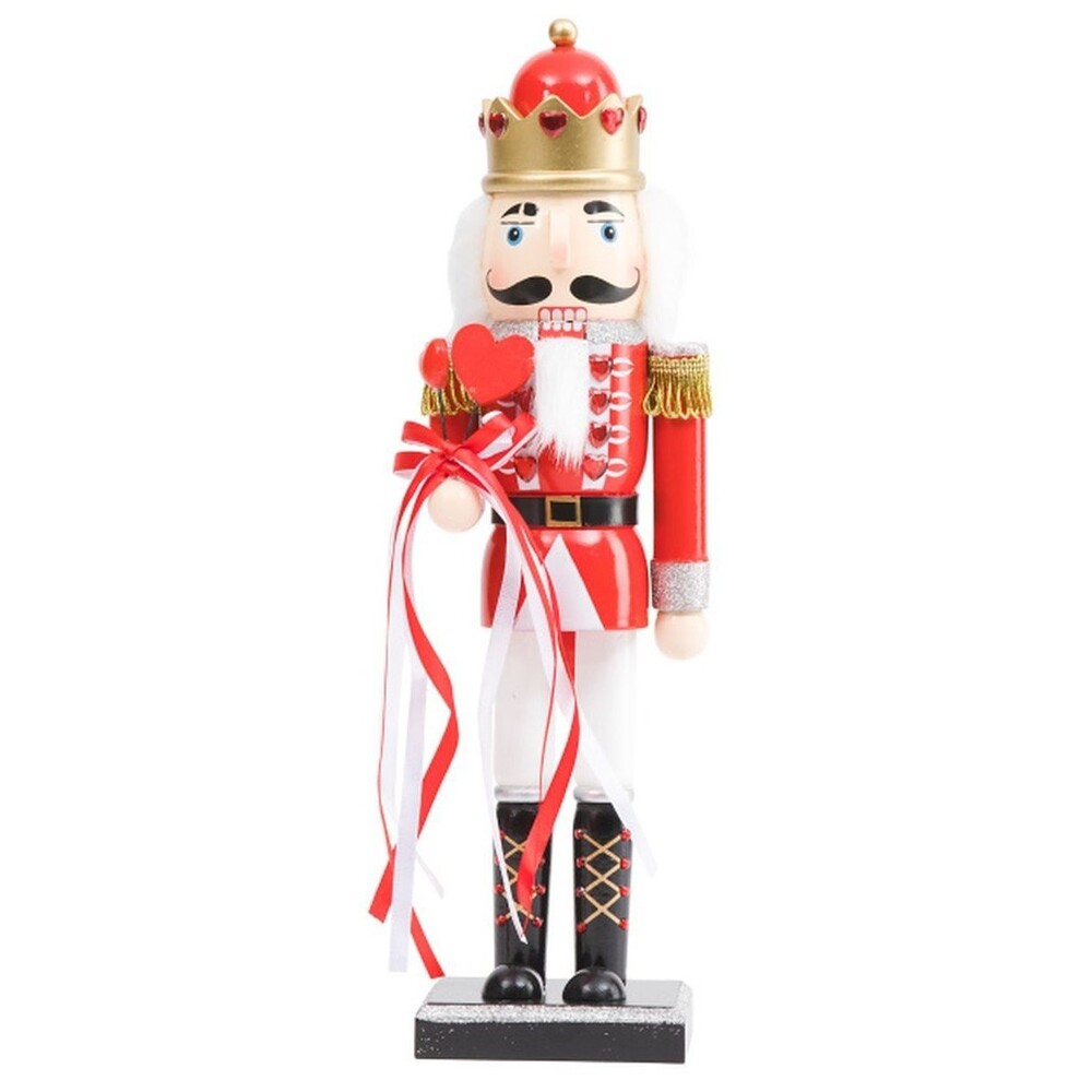 Wooden Christmas Nutcracker, 14", KING IN RED & WHITE W/LOVE HEART & RIBBONS,TJM